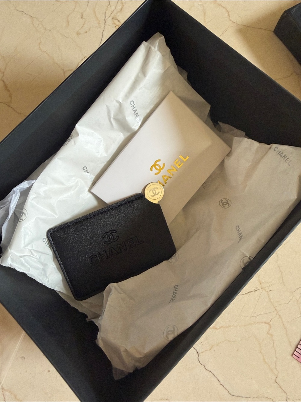 CHANEL compact mirror portable Black Embossed Leather Card Sleeve in box - Picture 11 of 12